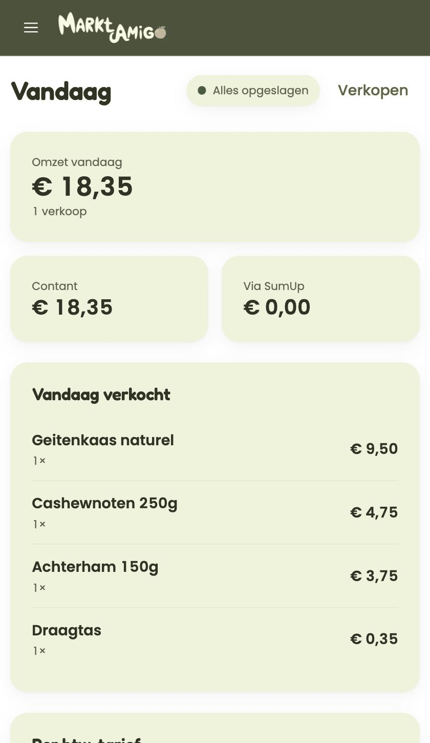 Het dagoverzicht van MarktAmigo: € 18,35 omzet, uitgesplitst naar contant en SumUp, met de verkochte artikelen