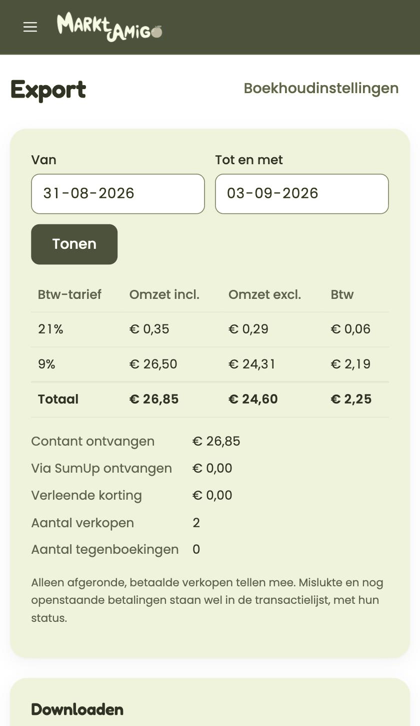 Het exportscherm van MarktAmigo met de omzet per btw-tarief, 21% en 9%, en de totalen eronder