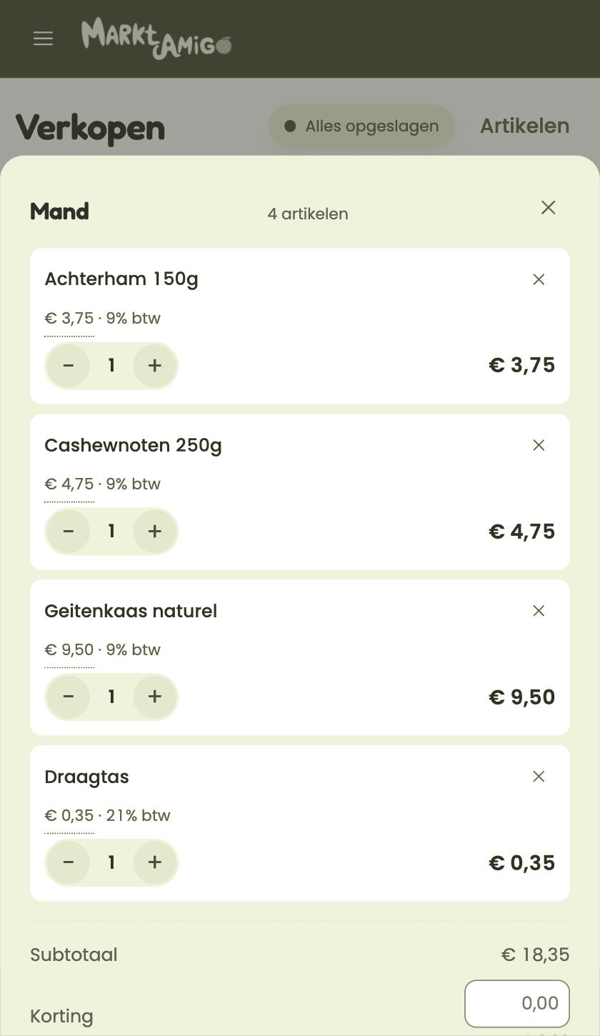 De mand in MarktAmigo met per regel het btw-tarief: drie regels op 9% en een draagtas op 21%