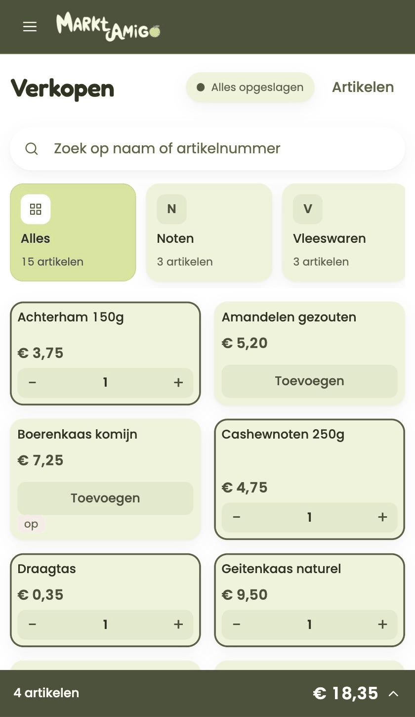 Het verkoopscherm van MarktAmigo: producten met prijzen, vier artikelen in de mand voor € 18,35